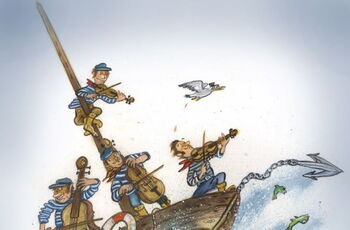 Zeichnung eines kleinen Holzbootes auf dem 4 Matrosen im Sturm musizieren