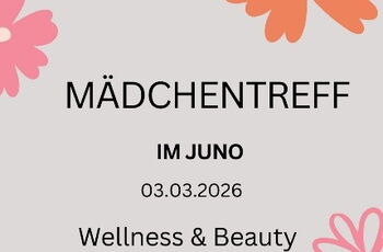 Plakat mit Zeichnung von drei winkenden jungen Frauen. Text: Mädchentreff - Wellness & Beauty. Mutig, stark, frei - feier dich selbst!