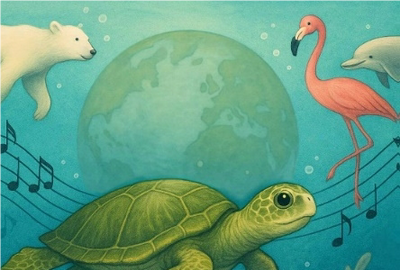 Erdkugel mit Schildkröte, Eisbär, Delfin und Flamingo