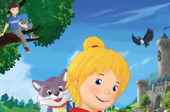 Filmplakat: Zeichnung von blondem Mädchen mit Kazte im Rucksack, im Hintergrund Kinder und eine Burg