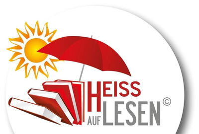 Sonne, Sonnenschirm, Buch und Schriftzug Heiss auf Lesen