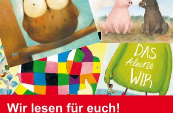 Aushang in rot mit Bild von auf einem Teppich sitzenden Kindern mit großem Buch. Oben Mix aus verschiedenen Buchcovern