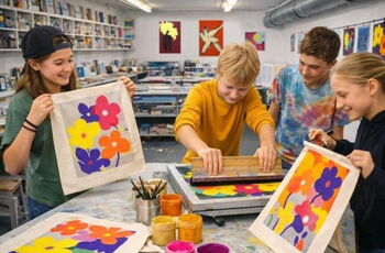 Foto von 4 Jugendlichen in einer Kunstwerkstatt, die mit Siebdrucktechnik bunte Blumenbilder erstellen