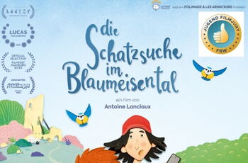 Filmplakat: Zeichnung von zwei Kindern auf einem Fahrrad, neben dem Fahhrad laufen ein Hund und eine Gans