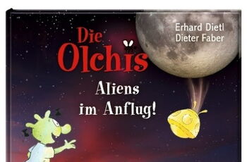 Buchcover mit einer Familie Außerirdischer, die ein UFO beobachten