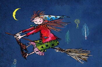 Ausschnitt aus dem Buchcover: Zeichnung der kleinen Hexe auf ihrem Besen vor Nachthimmel