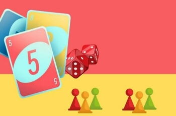 Zeichnung mit Spielkarten, Würfeln und Spielfiguren