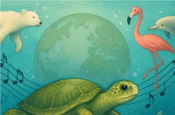 Erdkugel mit Schildkröte, Eisbär, Delfin und Flamingo