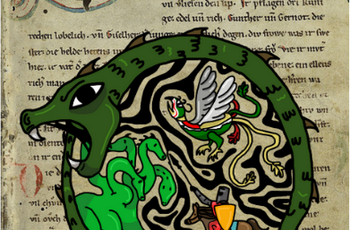 Zeichnung eines grünen Drachen auf Buchseite