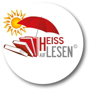 Sonne, Sonnenschirm, Buch und Schriftzug Heiss auf Lesen