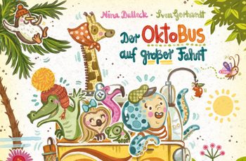 Bunte Zeichnung von verschiedenen Tieren in einem gelben Auto