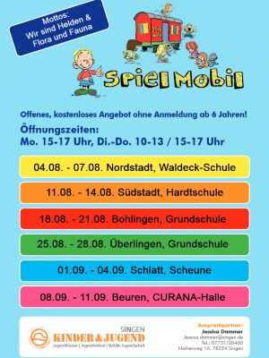 Plakat mit Zeiten für das Spielmobil
