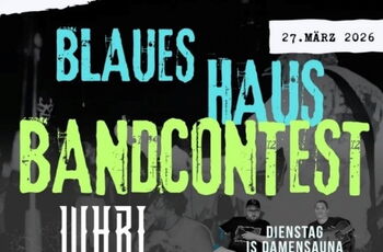 Plakat (dunkelgrau mit hellblauer und hellgrüner Schrift) mit den Logos der Bands, die am Contest teilnehmen
