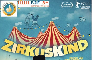 Filmplakat: Collage aus Foto eines Zirkusdirektors, eines Jungen und versch. Tieren sowie Zeichnungen von Menschen und Tieren