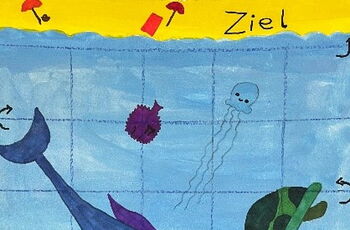 Zeichnung von verschiedenen Meerestoieren in einem Raster