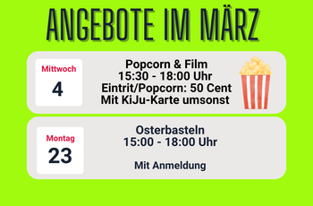 Leuchtend hellgrünes Plakat mit Infos zum Kino und zum Osterbasteln