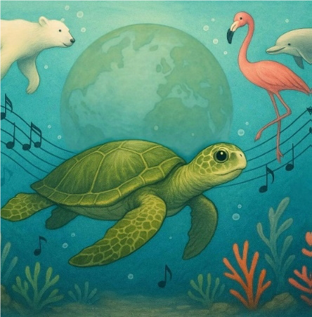 Erdkugel mit Schildkröte, Eisbär, Delfin und Flamingo