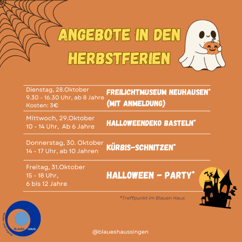 Aushang mit einer Übersicht der Angebote in den Herbstferien mit Gespenst, Spinnwebe etc.