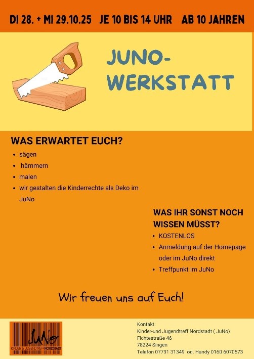 Aushang in orange und Bild einer Säge mit Informationen zum Angebot