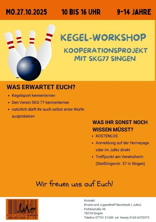 Aushang in orange mit Bild von Kugel und Kegeln mit Informationen zum Angebot