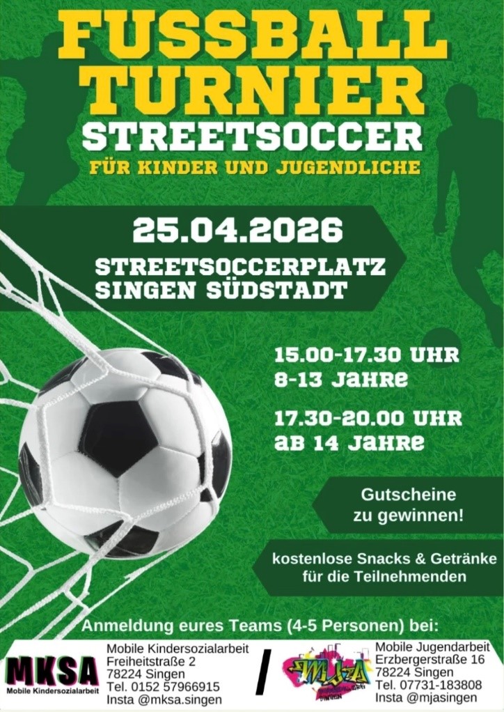 Plakat mit Infos zum Fußballturnier: Fußball geht ins Netz auf grünem Hintergrund, Schatten von Fußball-Spielern