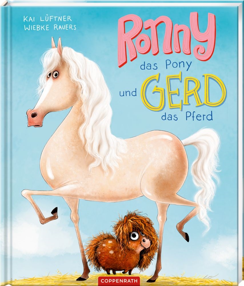 Buchcover: Zeichnung eines eleganten weißen Pferdes und eines kleinen braunen Ponys