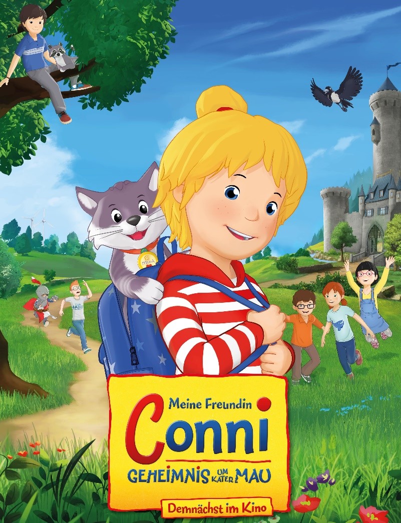Filmplakat: Zeichnung von blondem Mädchen mit Kazte im Rucksack, im Hintergrund Kinder und eine Burg