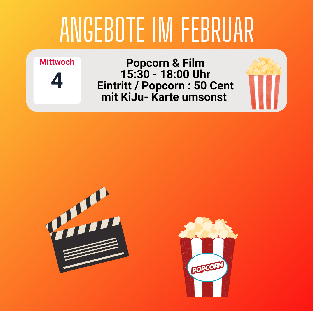 Plakat mit gezeichnter Filmlklappe und Popcorn-Eimer