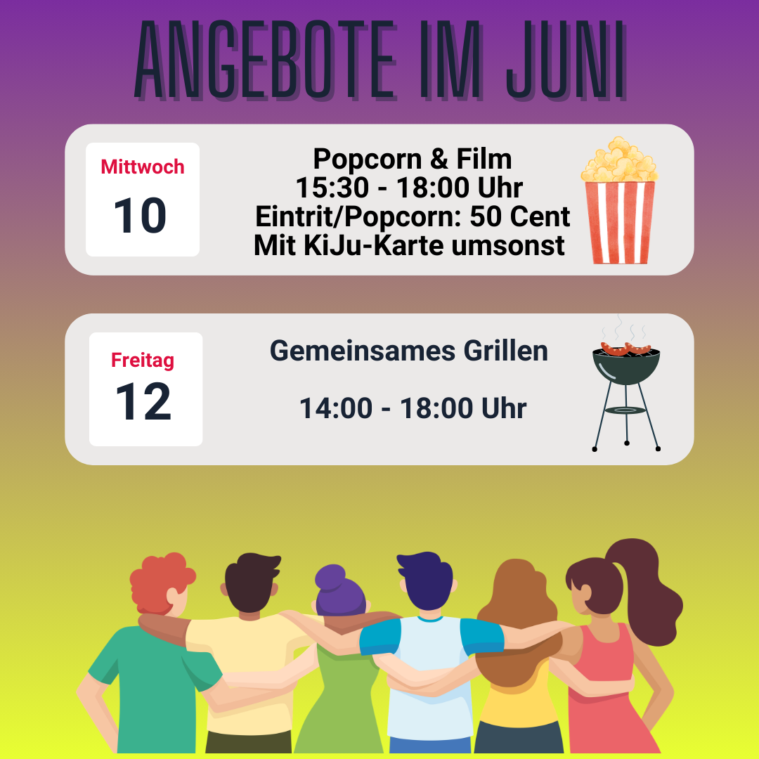 Plakat mit Infos zu den Angeboten mit Zeichnung von 6 jungen Menschen, die Arm in Arm mit dem Rücken zum Betrachter stehen