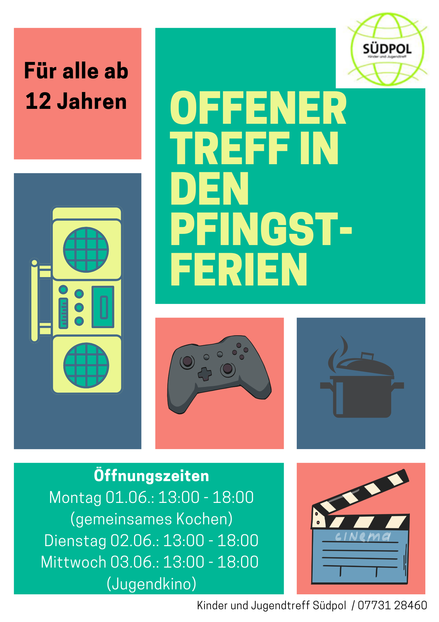 Aushang mit Infos zum Offenen Treff mit Bildern einer Spielekonsole, einer Musikbox, eines Kochtopfs etc.