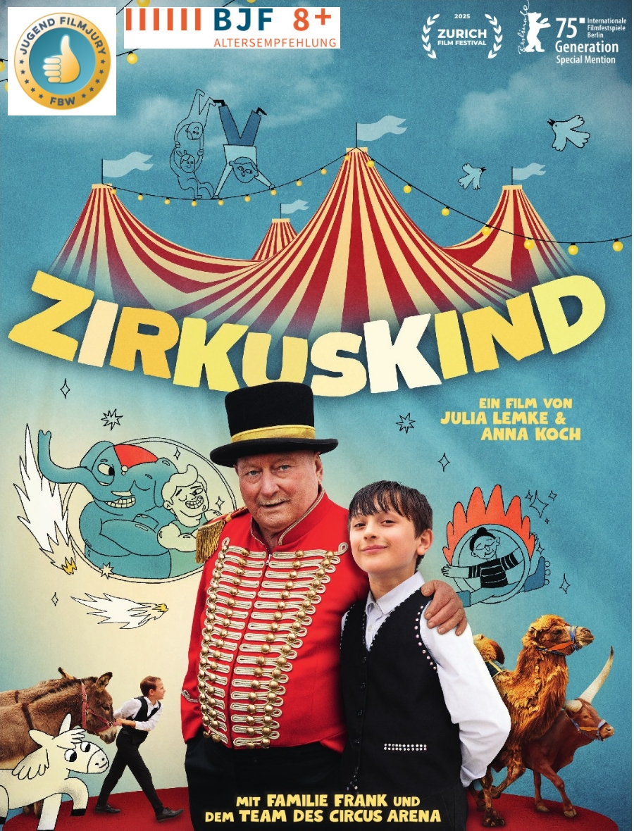 Filmplakat: Collage aus Foto eines Zirkusdirektors, eines Jungen und versch. Tieren sowie Zeichnungen von Menschen und Tieren