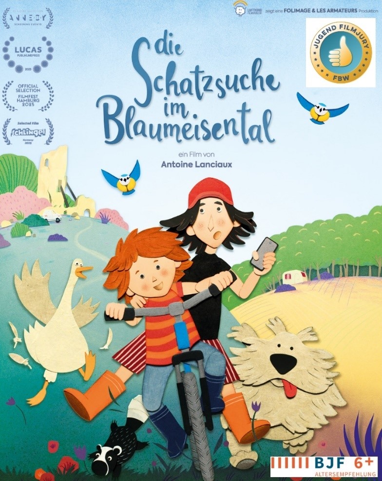 Filmplakat: Zeichnung von zwei Kindern auf einem Fahrrad, neben dem Fahhrad laufen ein Hund und eine Gans