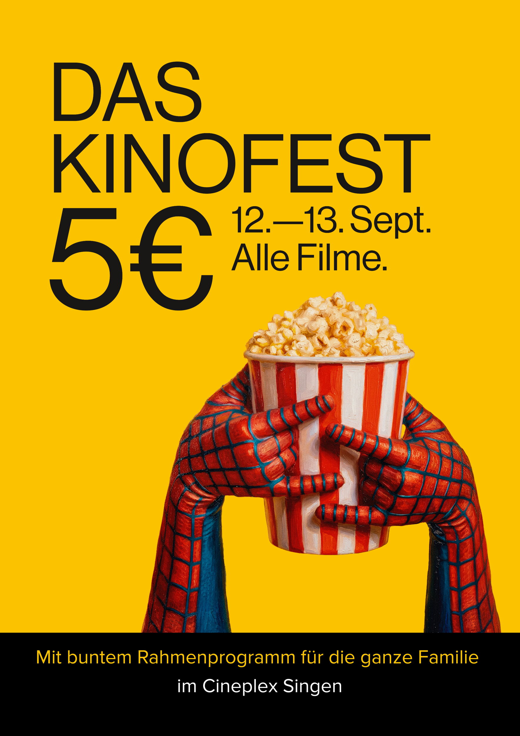 Werbeplakat: Hände, die aussehen wie die von Spiderman halten einen Becher mit Popcorn